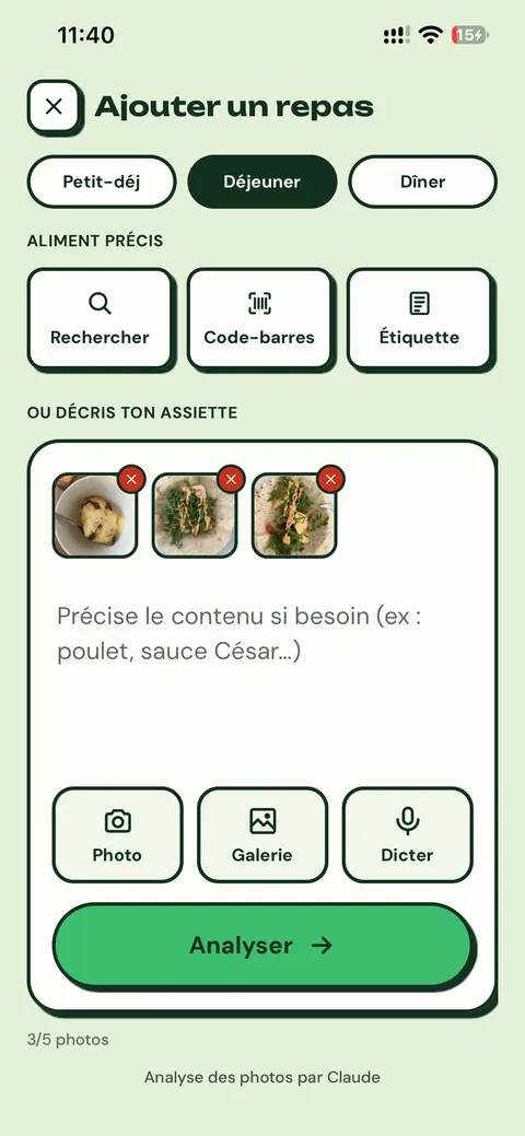 Ajout d’un repas en photo, analysé par un LLM