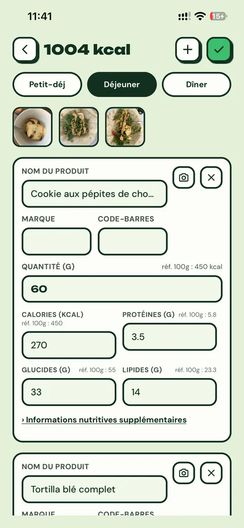 Le repas analysé, aliment par aliment, avant validation