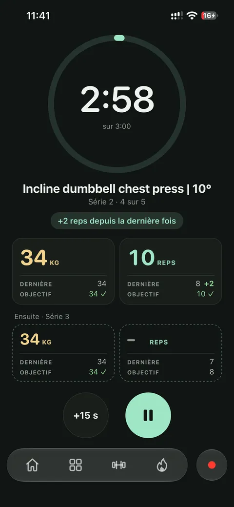 Le minuteur de repos, comparé à la dernière séance et à l’objectif