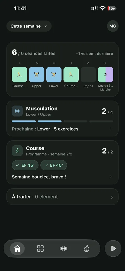 La semaine : séances faites, musculation et programme de course